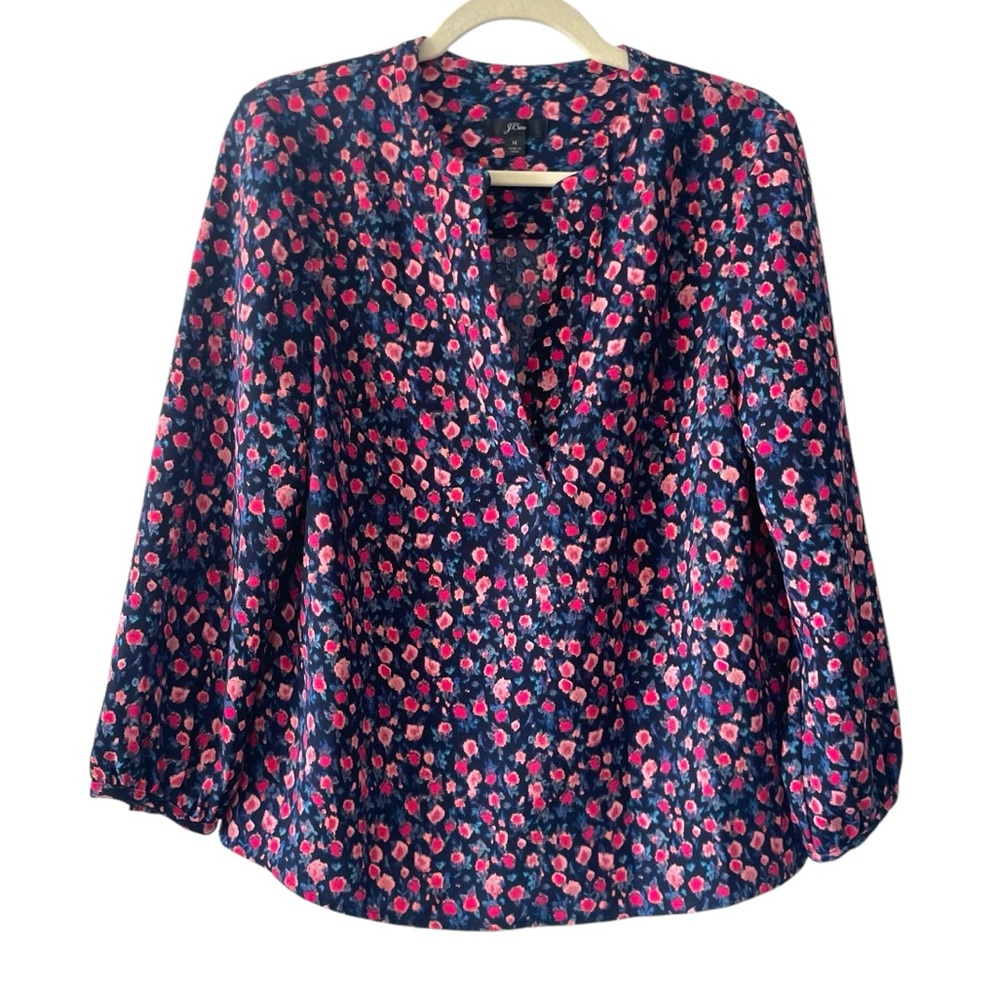J.Crew Floral Blouse | Navy with Pink Accents | Medium